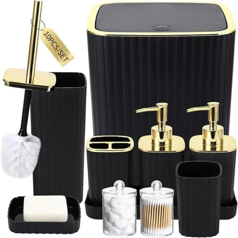 black bathroom accessories set 10 piece soap dispenser toilet brush trash can